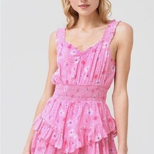LoveShackFancy Norelli smocked ruffle floral mini dress in pink. - Medium